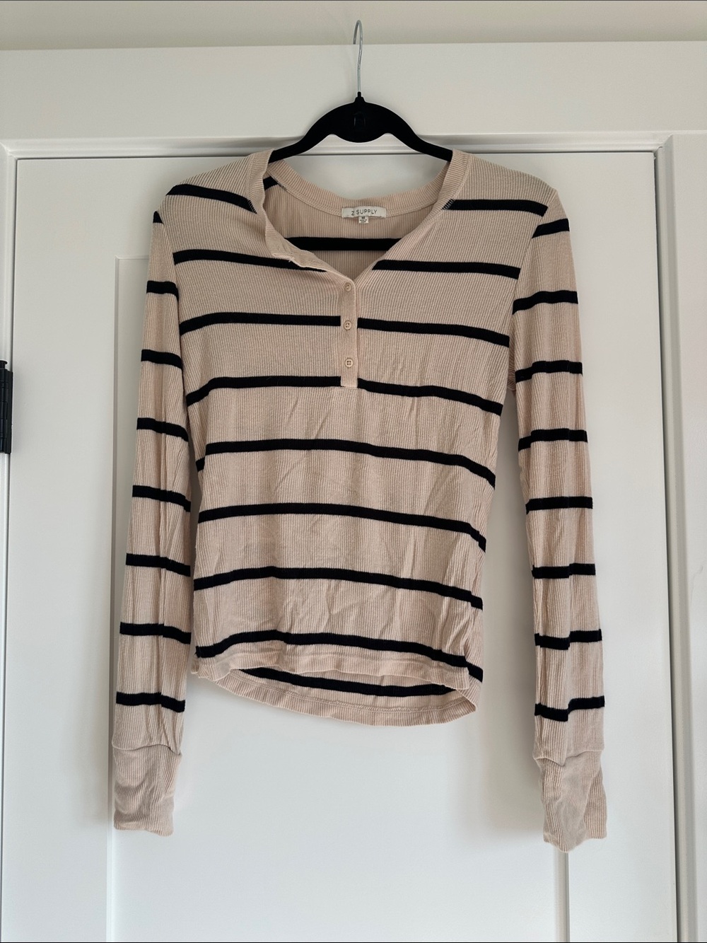 Z Supply Beige and Black Striped Long-Sleeve Henley